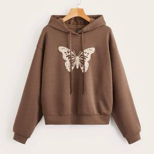 Butterfly Print Brown Hoodie Sweatshirt Women size 2 XS